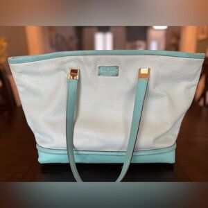 Kate Spade Pebbled Leather Tote Cream/Aqua Trim Gold Hardware Authentic